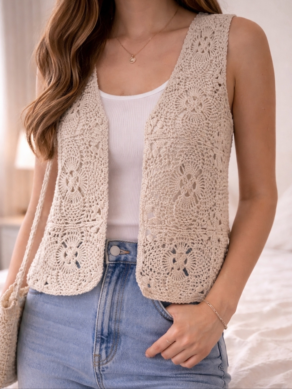 Vintage Crochet Knit Top Grandmacore Handmade Beige Boho Small